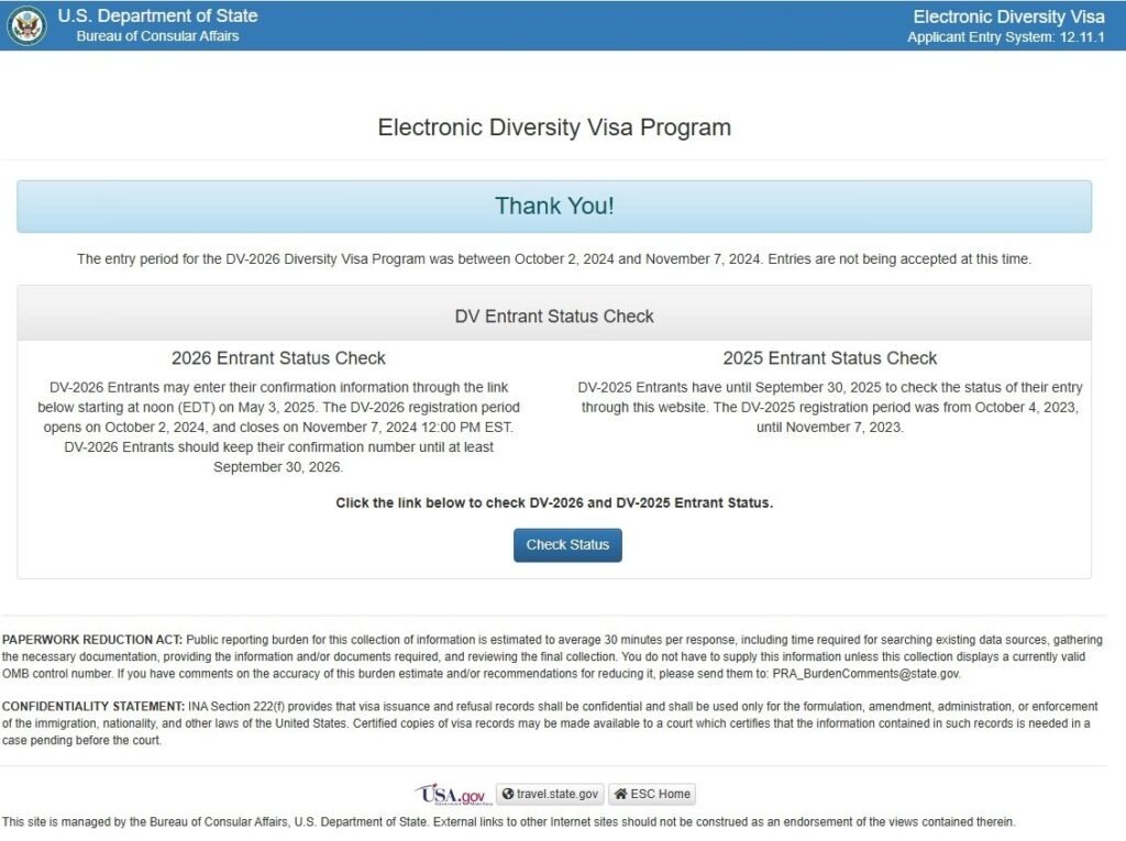 الخطوة الأولى لفحص نتائج القرعة الأمريكية: الضغط على زر 'Check Status